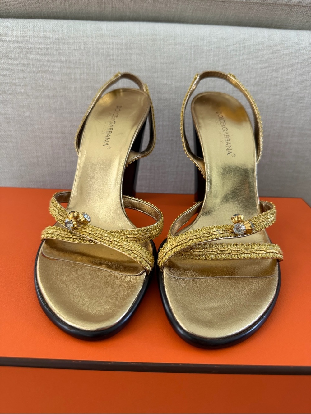 Dolce & Gabbana Metallic Gold Braided Crystal Slingback Heels